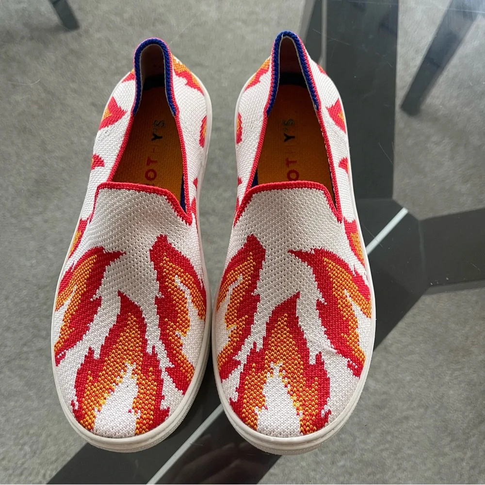 Rothy's The Kid Red, Yellow White Flames Knit‎ Washable Slip On Sneakers Size 2